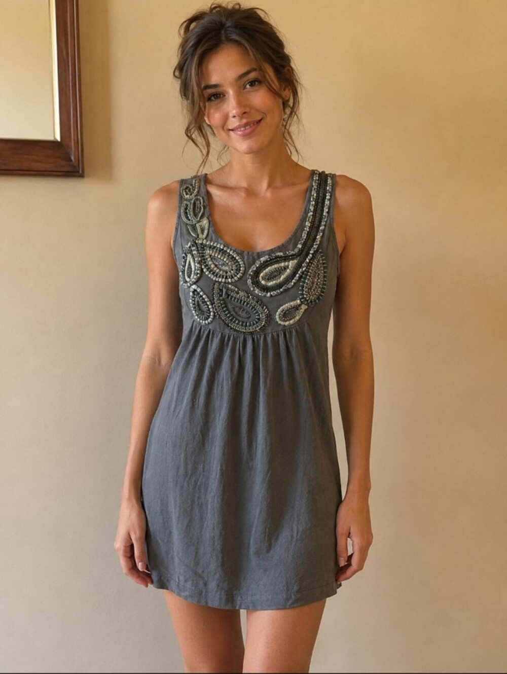 Lulumari Embellished Scoop Neck Tank Dress in Charcoal Gray With Pockets. Cotton